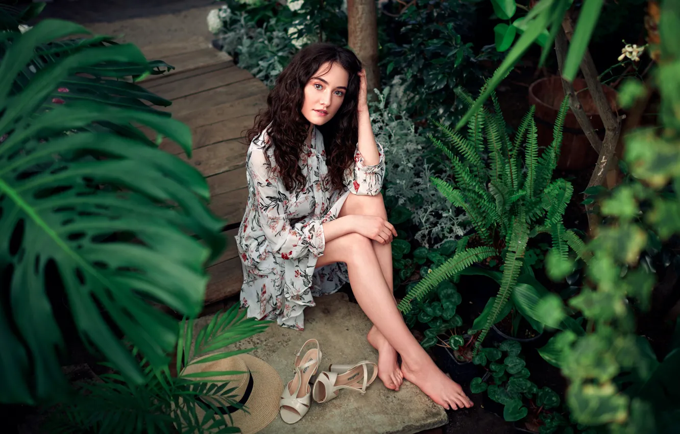 Photo wallpaper greens, look, leaves, girl, pose, feet, vegetation, dress