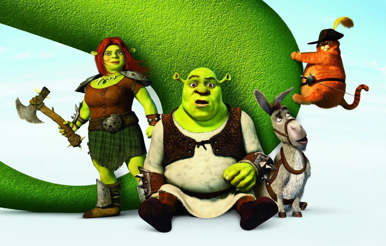 Photo wallpaper Shrek, cartoon, hat, poster, Ogre, sword, puss in boots, donkey