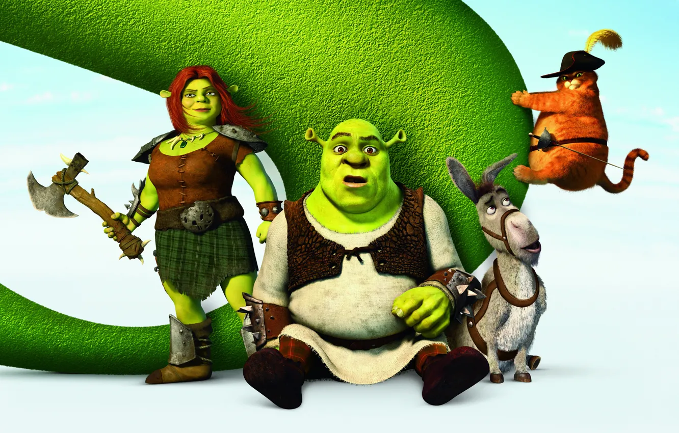 Photo wallpaper cartoon, hat, poster, Ogre, Shrek, sword, Puss in boots, donkey