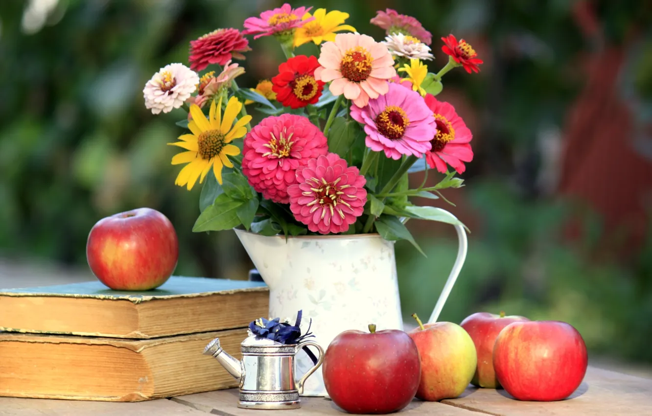 Photo wallpaper apples, bouquet, zinnia