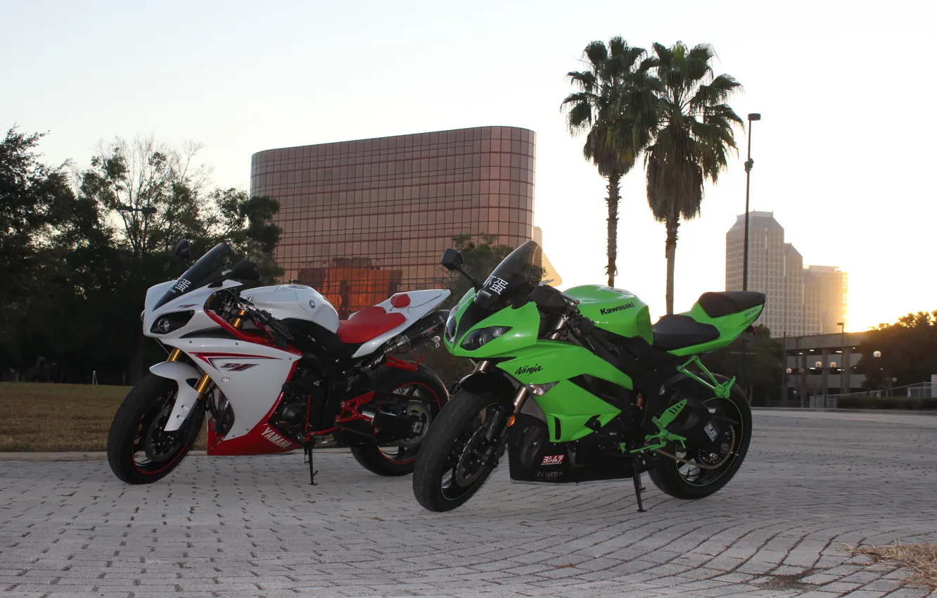 Photo wallpaper the city, palm trees, green, white, ninja, yamaha, kawasaki, Yamaha