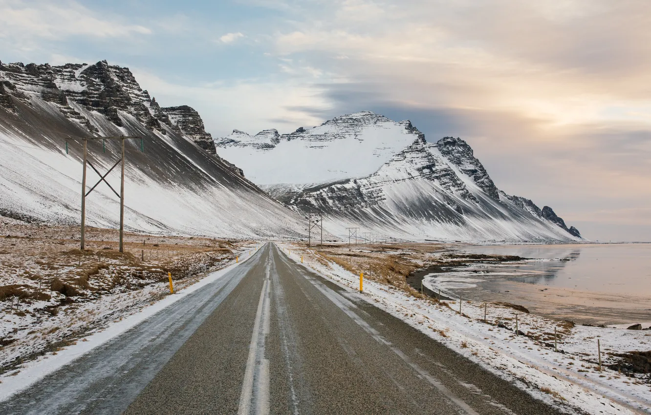 Photo wallpaper winter, road, clouds, mountains, lake, power lines, sunlight