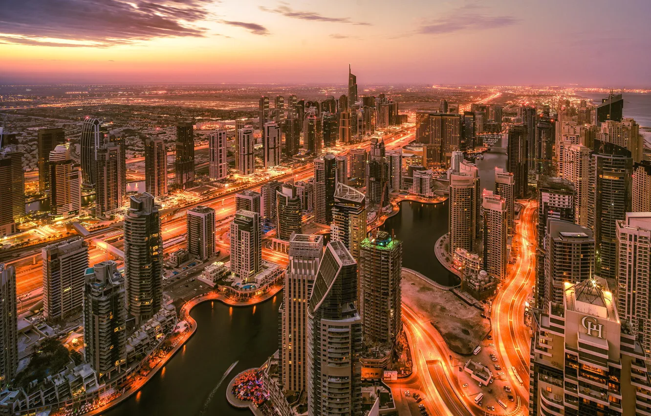 Photo wallpaper sunset, the city, lights, height, skyscrapers, the evening, Dubai, UAE