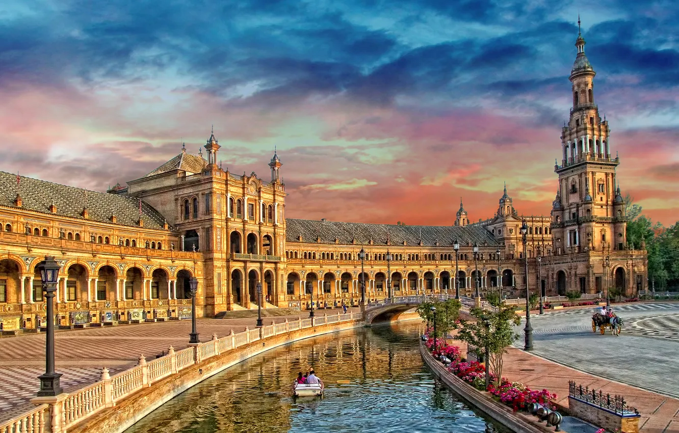 Photo wallpaper the sky, bridge, tower, channel, Spain, Palace, Seville