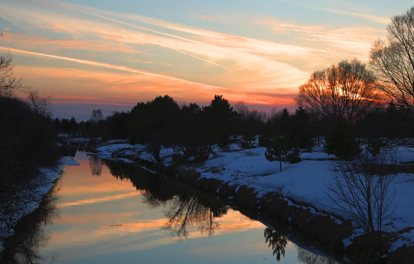 Photo wallpaper snow, sunset, reflection, river