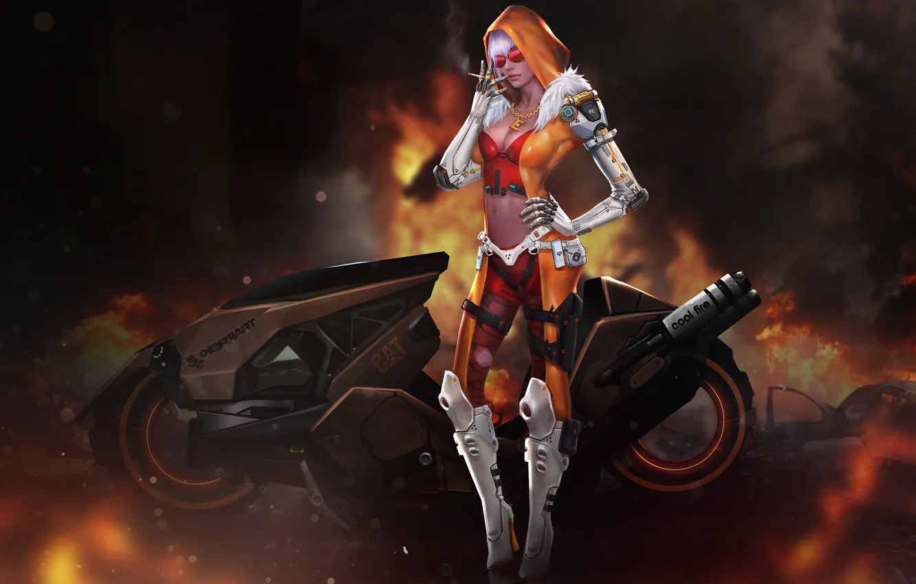 Photo wallpaper girl, lights, fiction, flame, motorcycle, fire, flame, girl