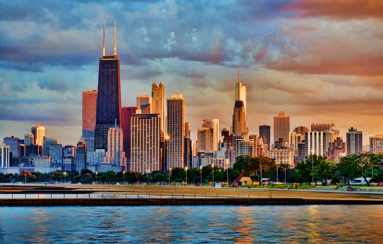 Photo wallpaper the sky, clouds, trees, home, skyscrapers, USA, Chicago