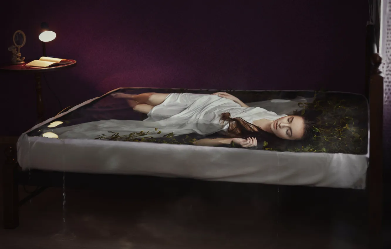 Photo wallpaper water, algae, pose, sleep, wet, lamp, lies, book