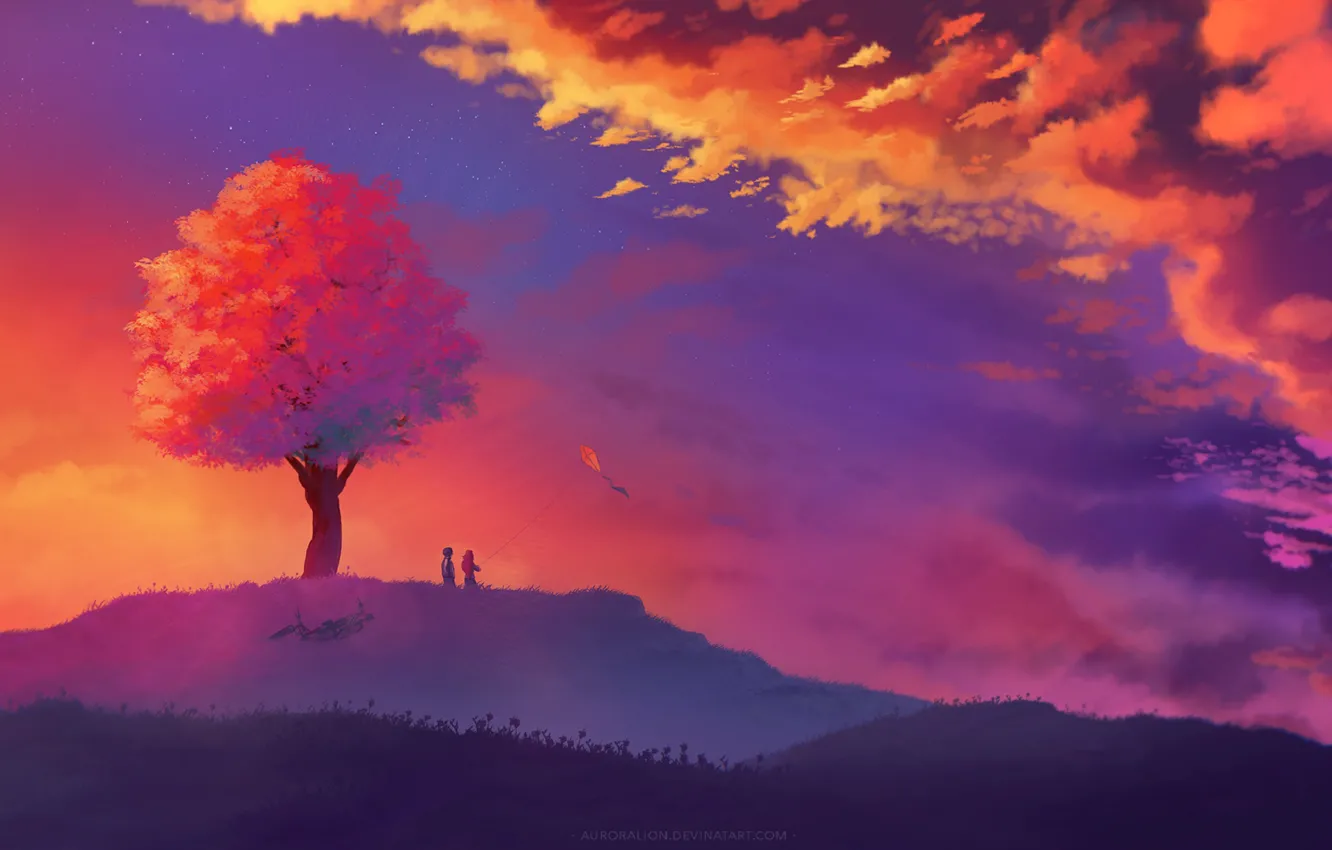 Photo wallpaper clouds, children, hill, two, lonely tree, sunset sky, kite