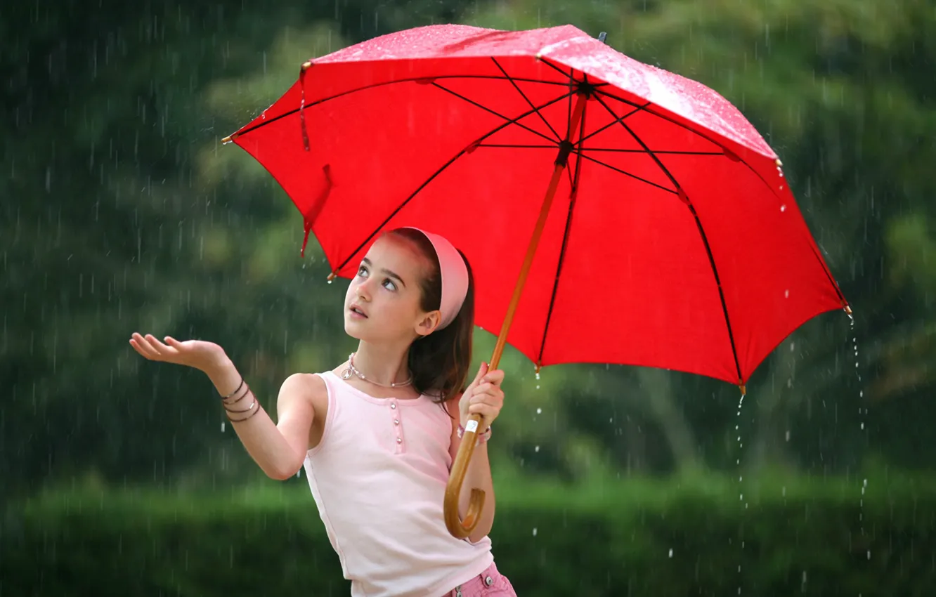 Photo wallpaper red, rain, umbrella, girl