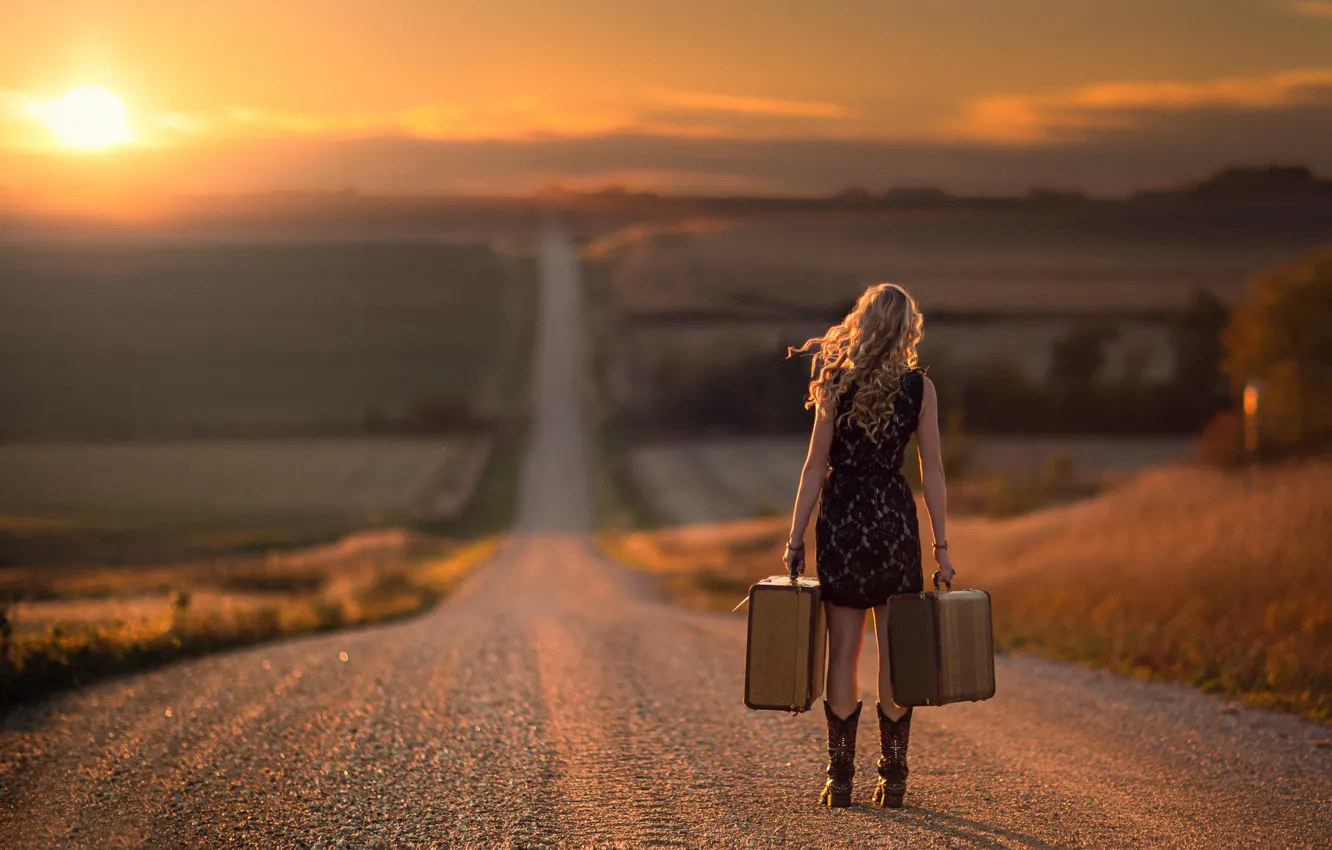 Photo wallpaper road, girl, the way, suitcases