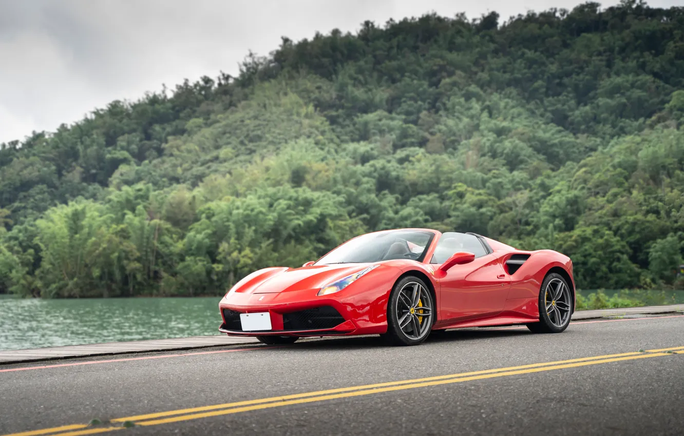 Photo wallpaper road, forest, red, sports car, Ferrari 488 Spider