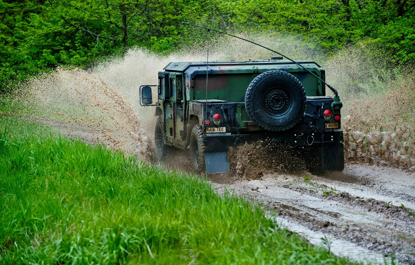 Photo wallpaper forest, squirt, dirt, SUV, Hummer