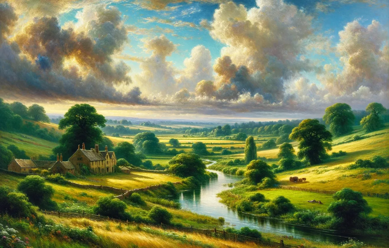 Photo wallpaper sky, trees, landscape, water, clouds, digital art, John Constable, digital painting