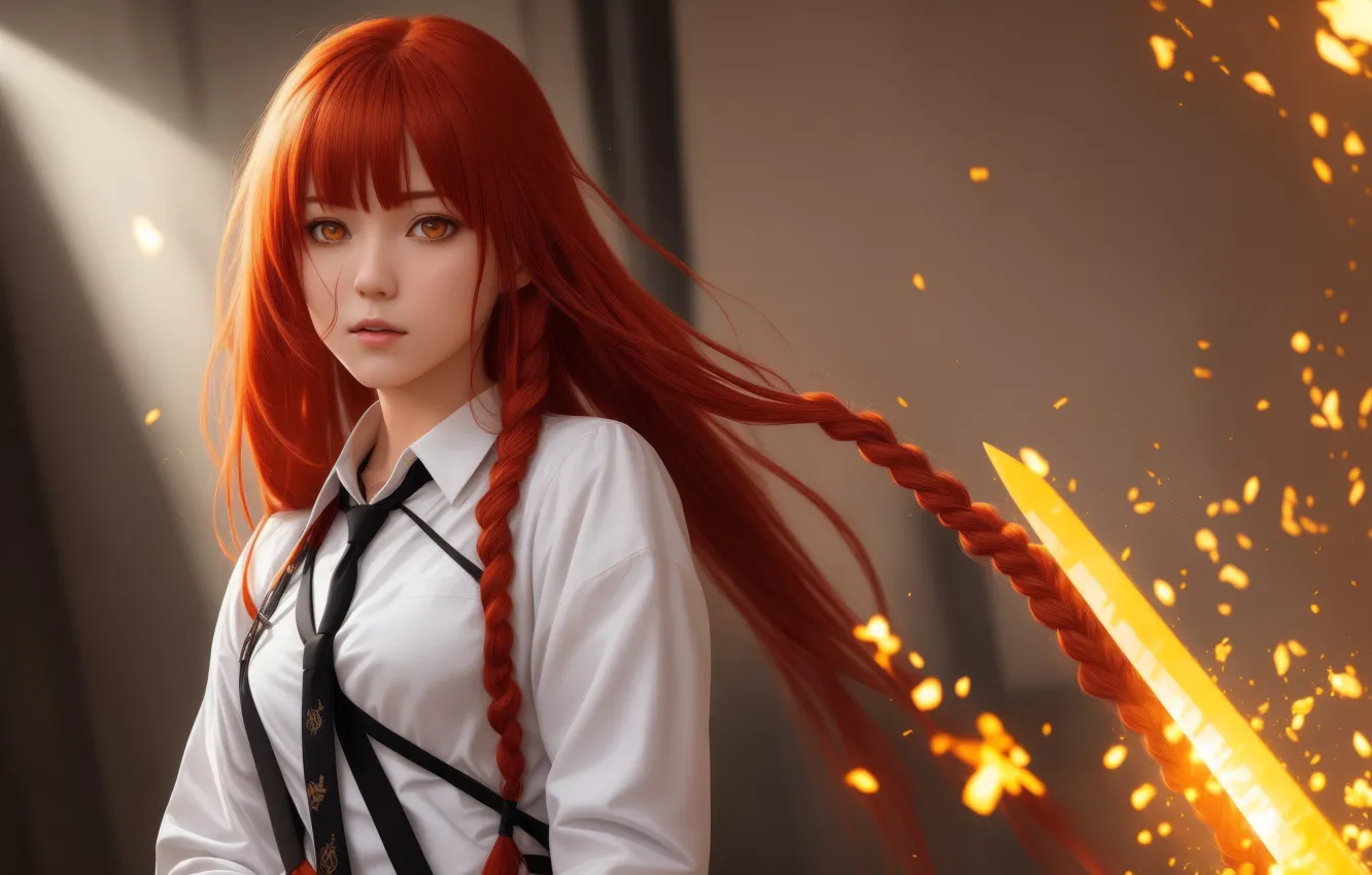 Photo wallpaper sparks, tie, red hair, blade, yellow eyes, braids, white shirt, a beam of light