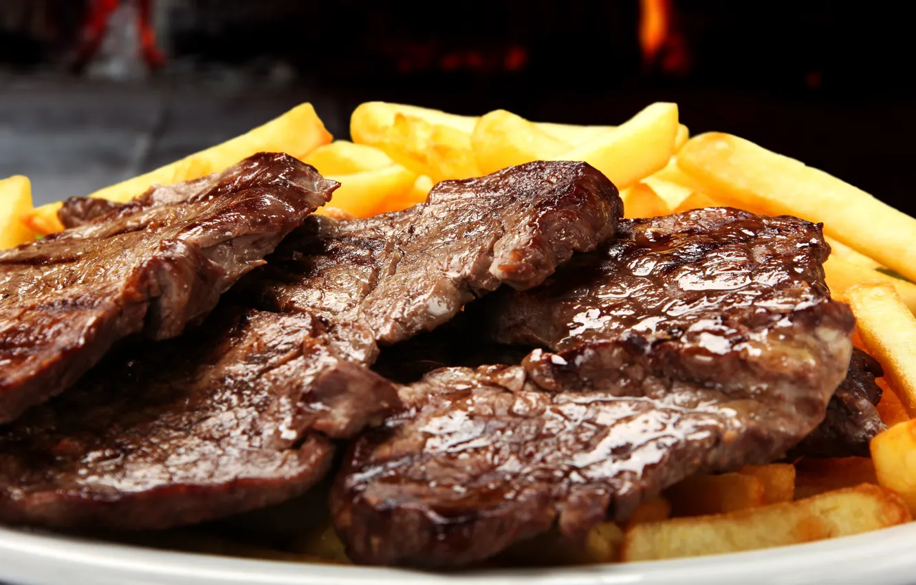 Photo wallpaper close-up, food, meat, French fries, steaks