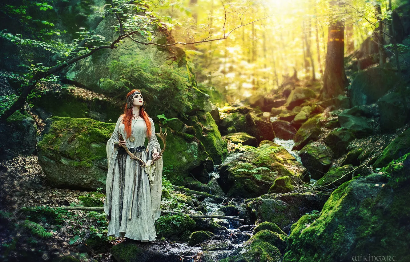 Photo wallpaper forest, girl, light, decoration, nature, style, stream, stones