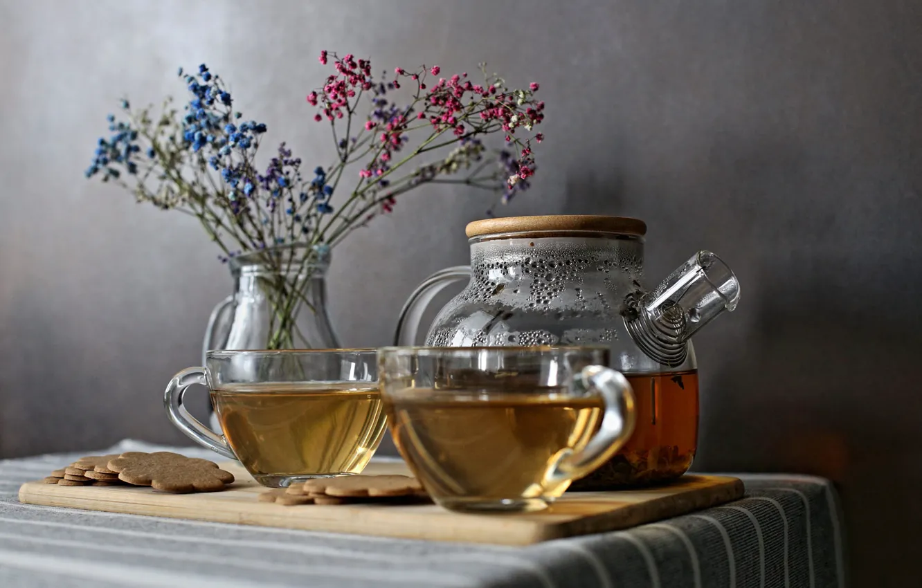 Photo wallpaper glass, flowers, sprig, table, wall, tea, kettle, cookies
