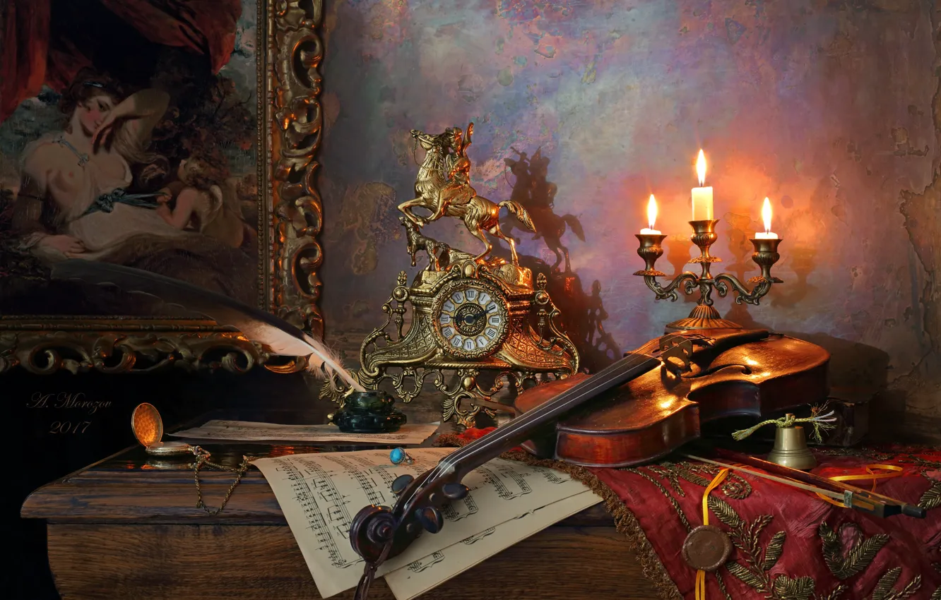 Photo wallpaper chest, girl, retro, notes, table, wall, horse, violin