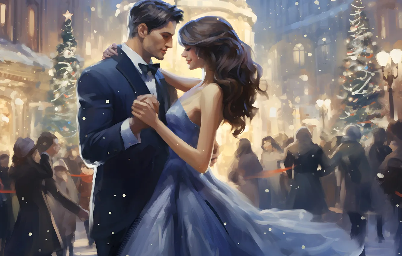 Photo wallpaper Girl, People, Christmas, Dance, Dress, New year, Guy, Two