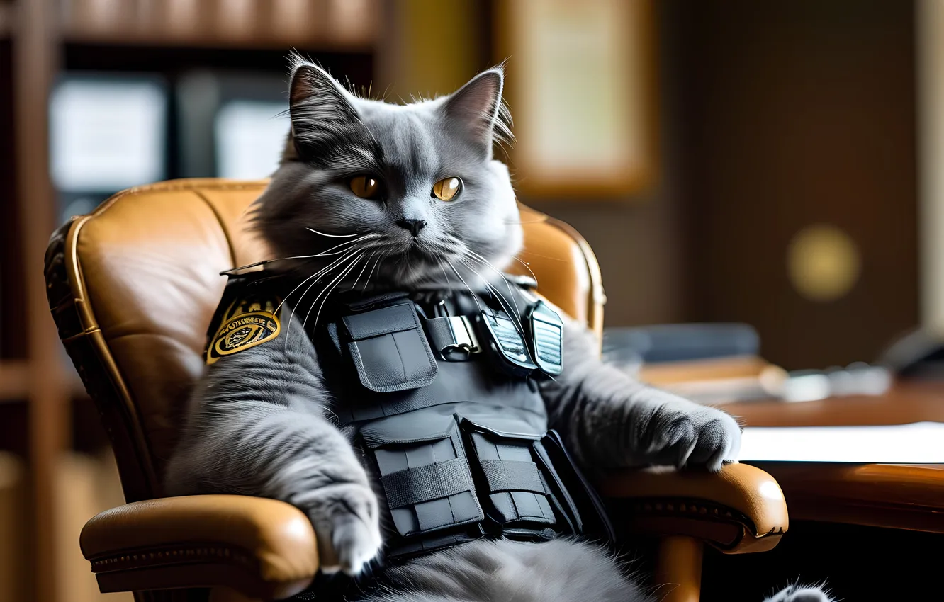 Photo wallpaper cat, police, chair, office, grey cat, the armor is yellow