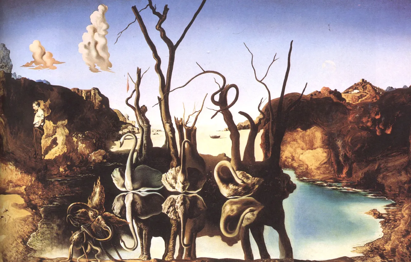 Photo wallpaper surrealism, picture, artist, swans, Salvador Dali, reflecting in elephants, Salvador Dali, 1937