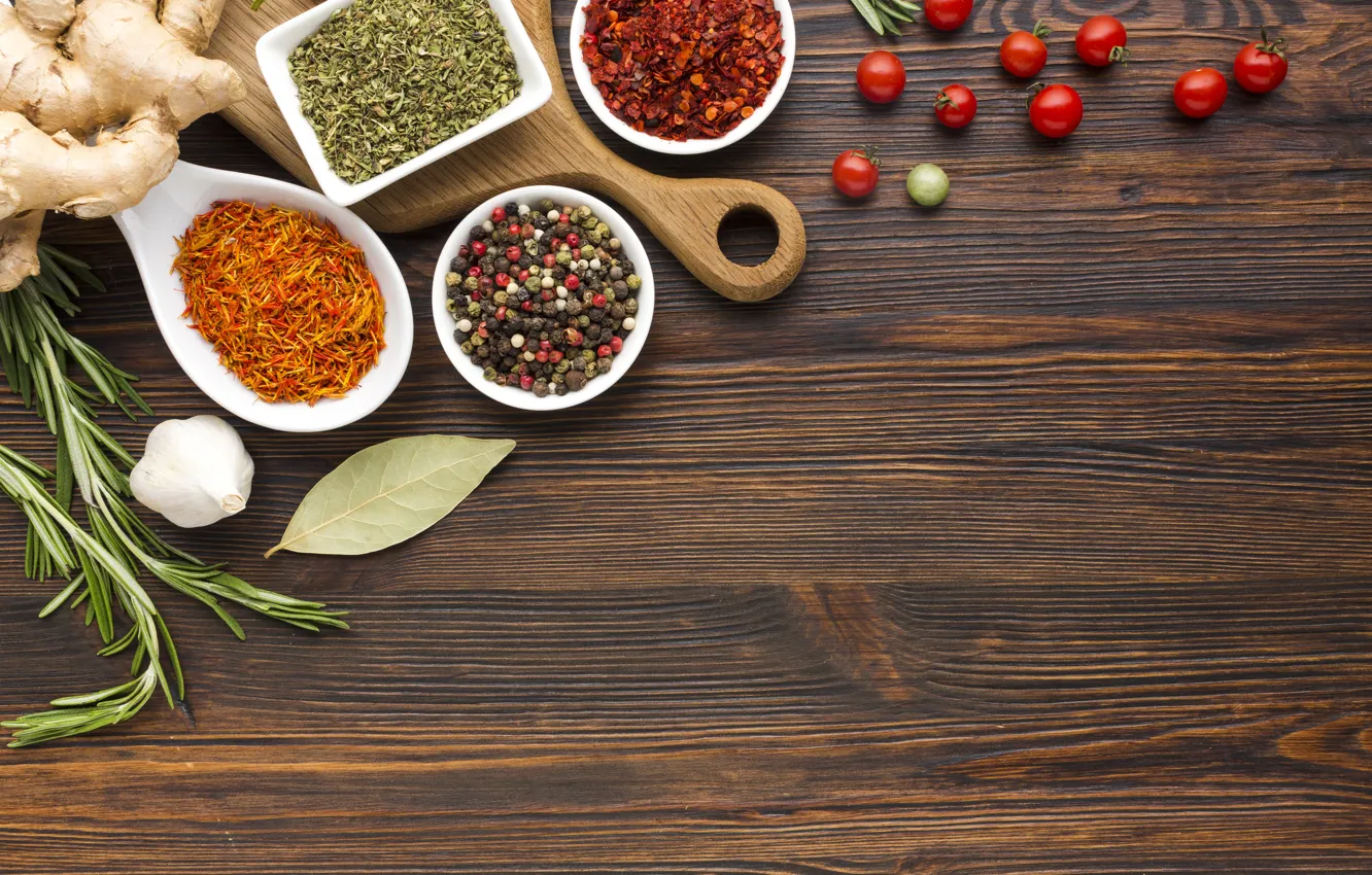 Photo wallpaper pepper, spices, garlic, ginger, cherry, rosemary, paprika, Bay leaf
