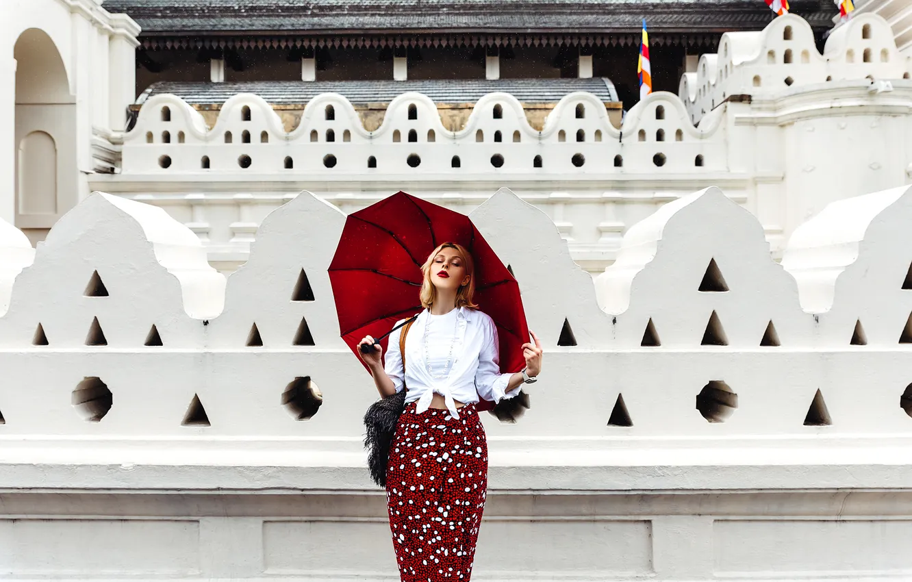 Photo wallpaper architecture, gesture, beautiful girl, red umbrella, closed eyes, Ruslan Bolgov (Axe), The Royal White
