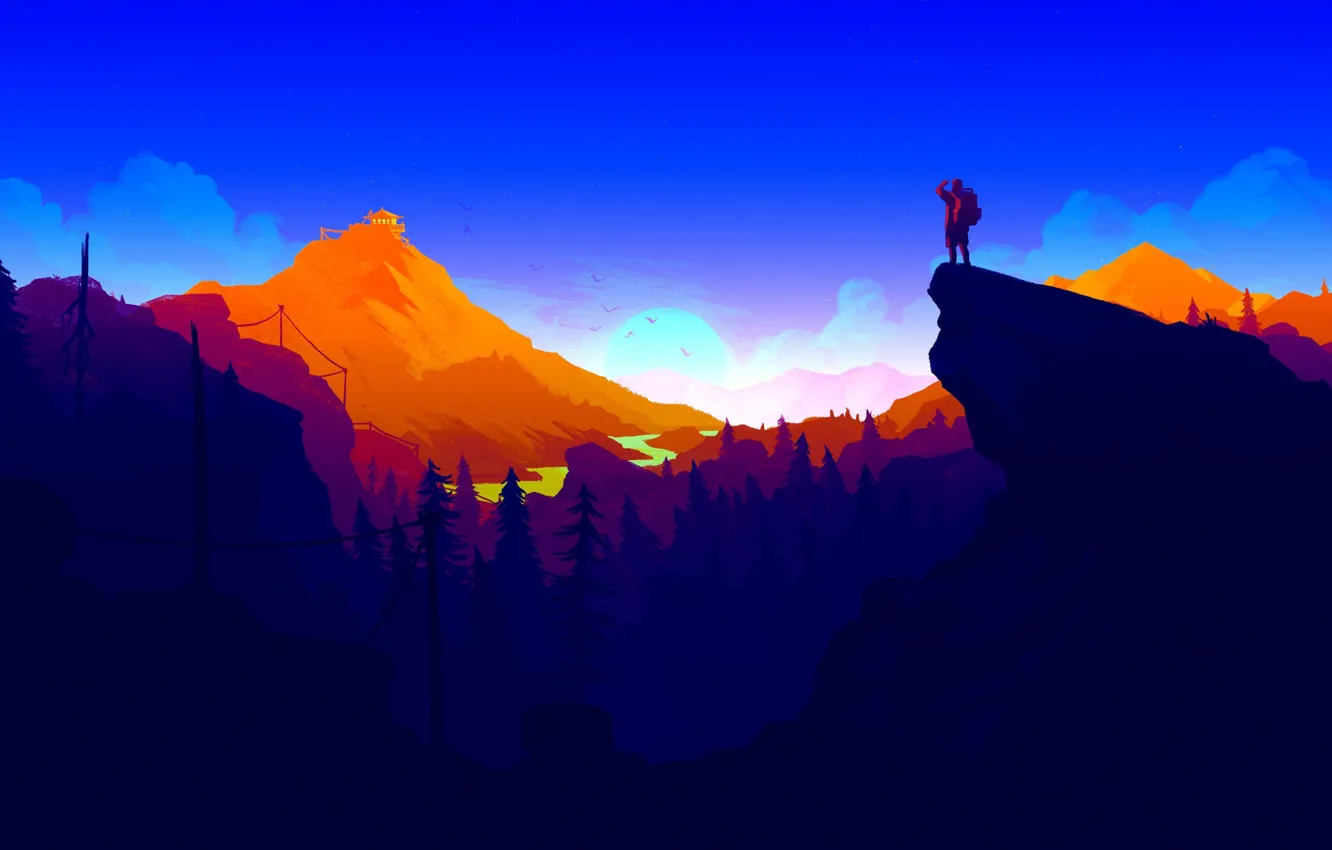 Photo wallpaper forest, landscape, mountains, rocks, the game, people, view, the evening