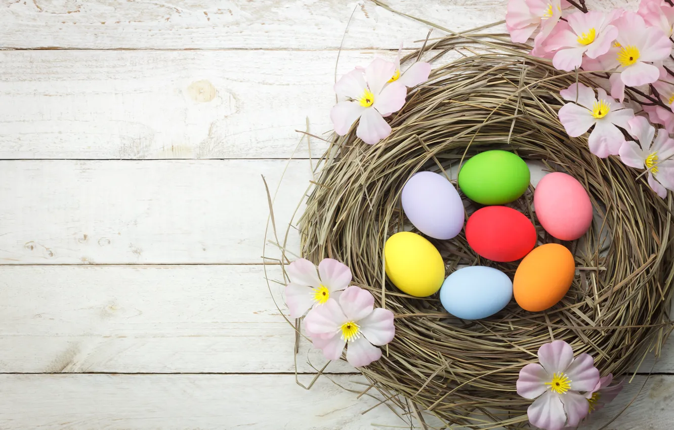 Photo wallpaper flowers, basket, eggs, spring, colorful, Easter, pink, wood