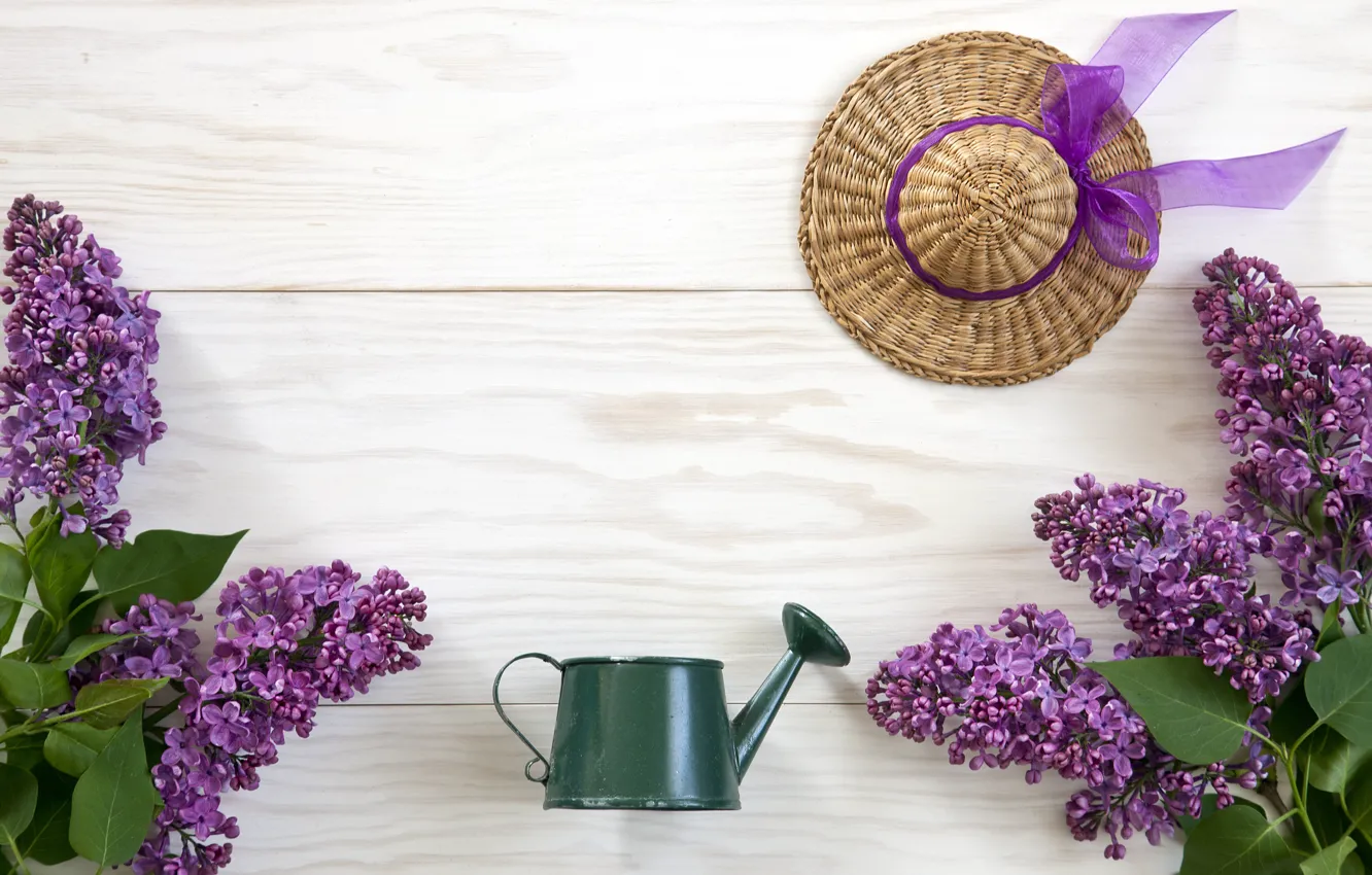Photo wallpaper flowers, spring, hat, lake, lilac