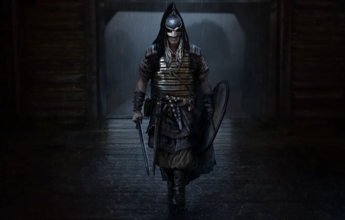 Photo wallpaper weapons, rain, armor, warrior, step