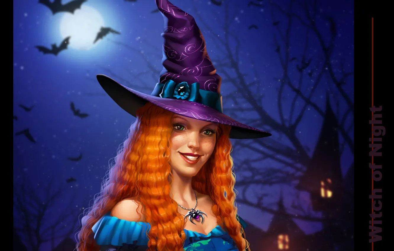 Photo wallpaper night, spider, witch, bats, the full moon, witch, witch hat, red-haired beast