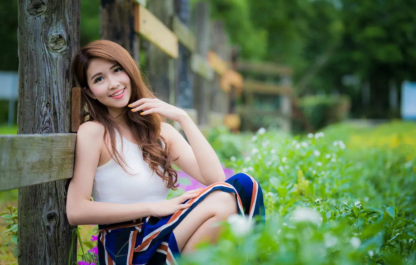 Photo wallpaper girl, smile, hair, the fence, Asian, cutie, bokeh