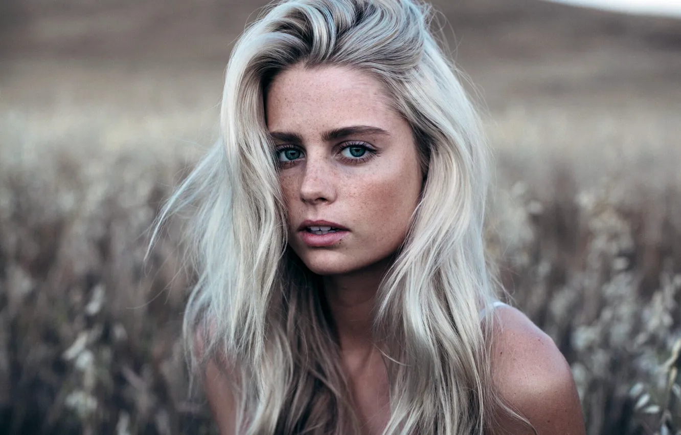 Photo wallpaper girl, green eyes, long hair, field, photo, model, lips, face