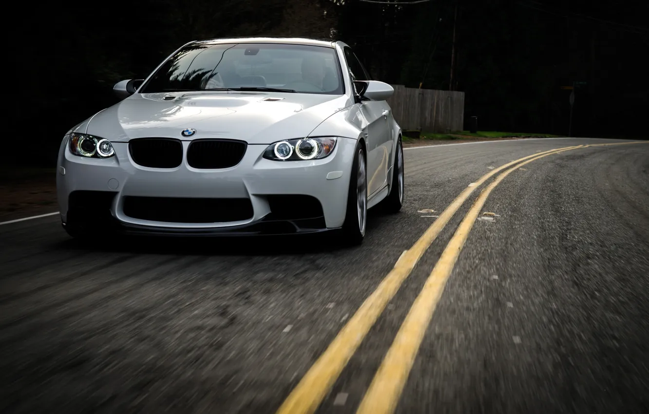 Photo wallpaper road, white, markup, BMW, speed, BMW, white, e92