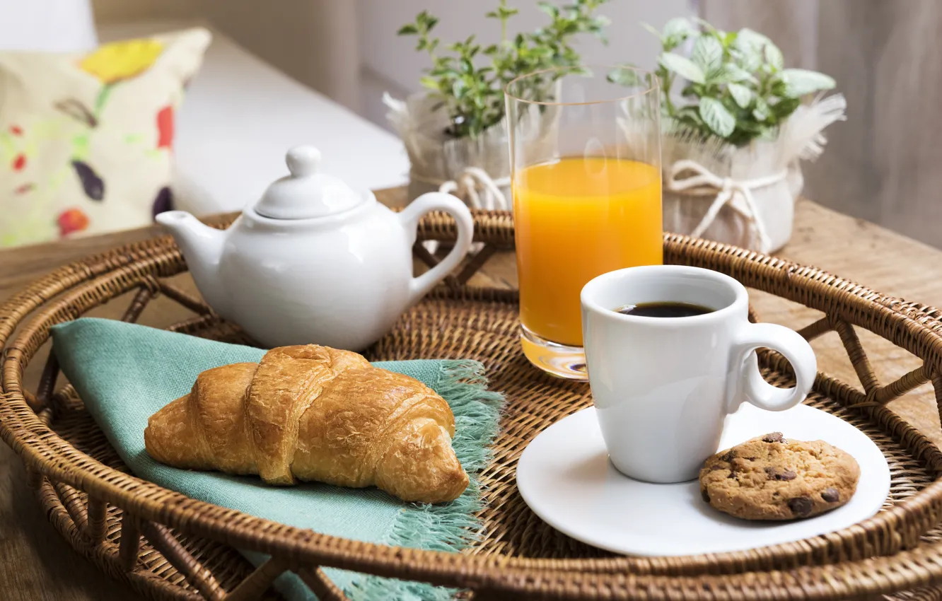 Photo wallpaper coffee, Breakfast, cookies, juice, Cup, breakfast, croissant