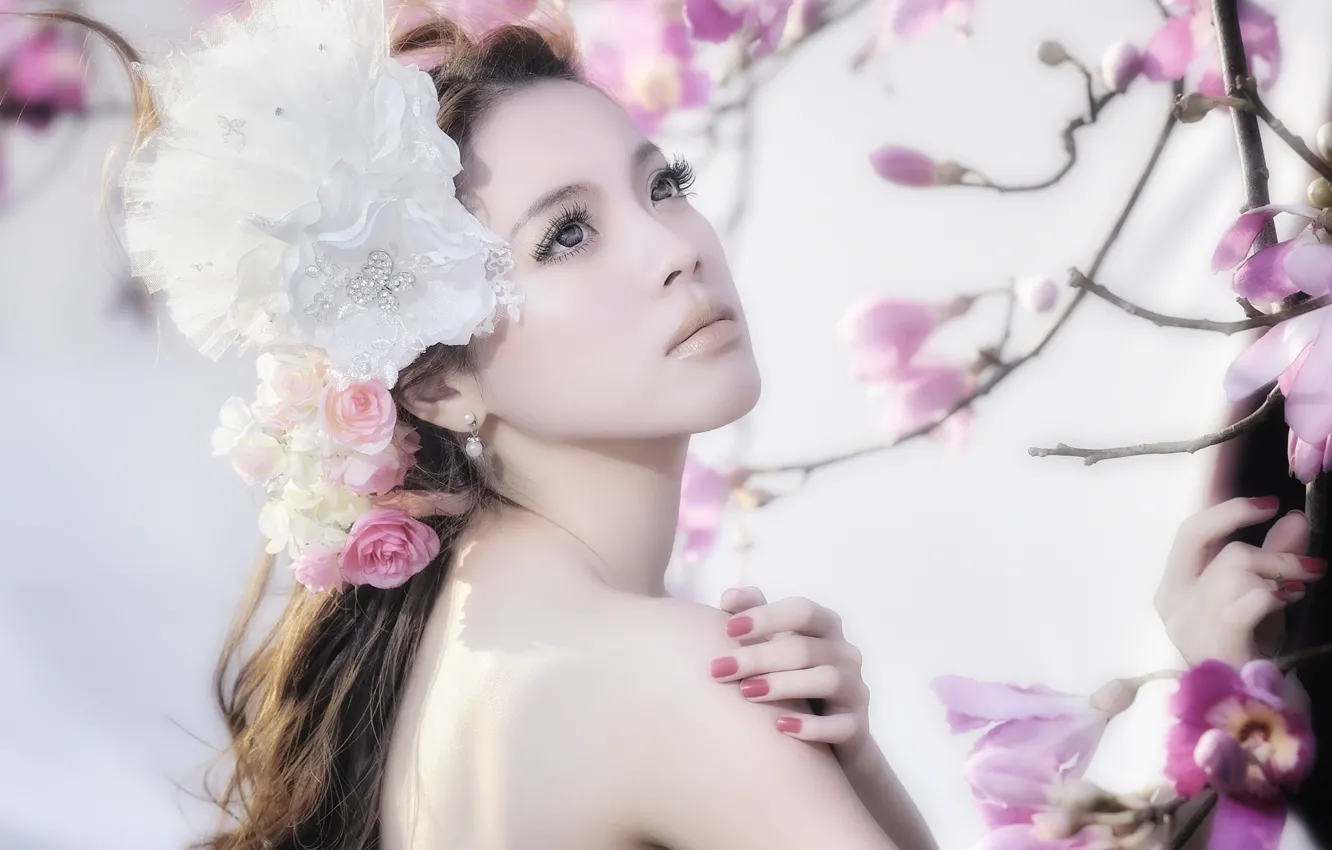 Photo wallpaper girl, flowers, face, Asian