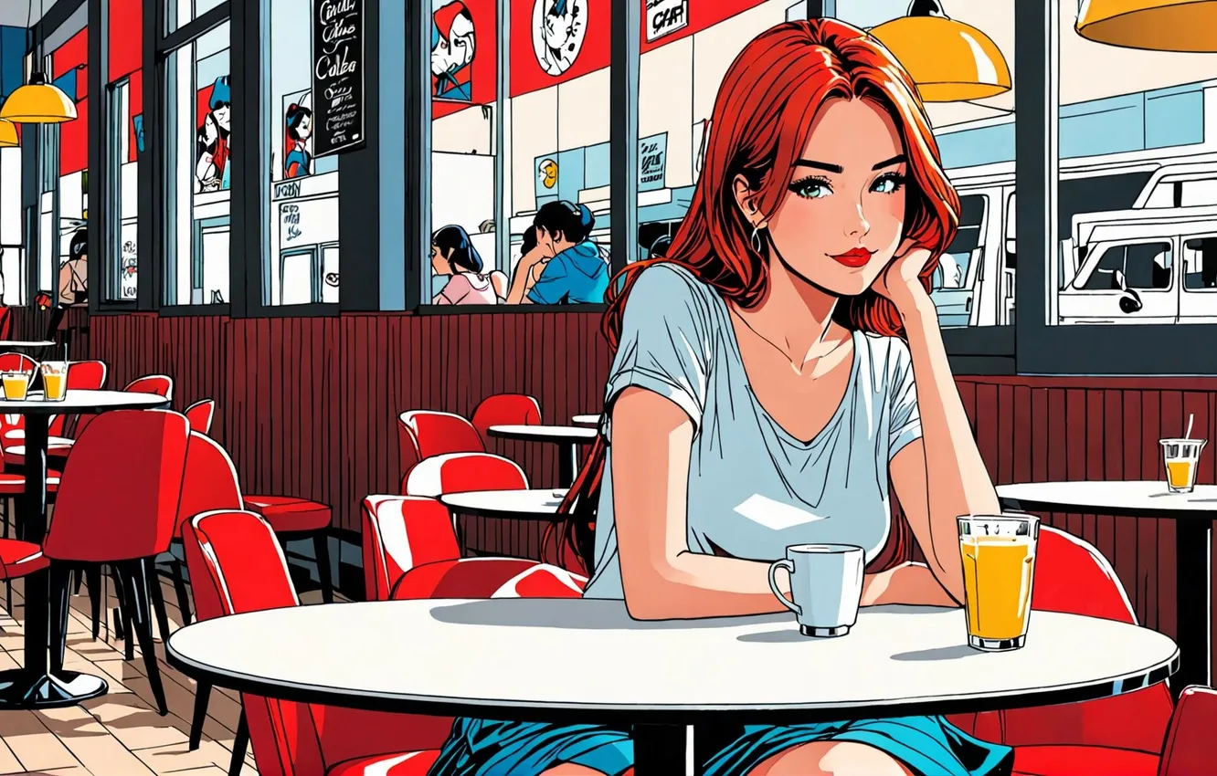 Photo wallpaper girl, cafe, table