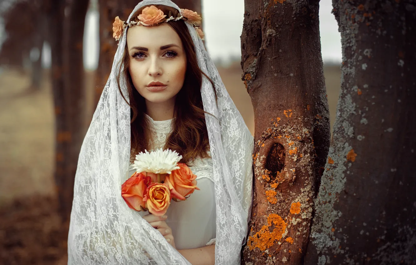Photo wallpaper look, girl, flowers, background, bouquet, lips, fabric, brown hair