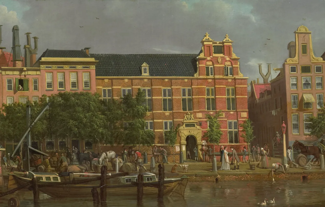 Photo wallpaper oil, picture, canvas, the urban landscape, Jacob SMEs, Latin School on the Singel Canal in …