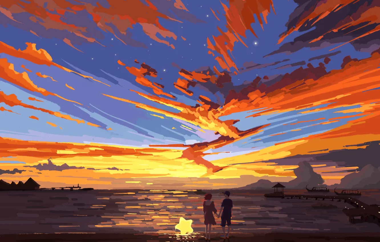 Photo wallpaper sea, sunset, star, lovers, Fangpeii