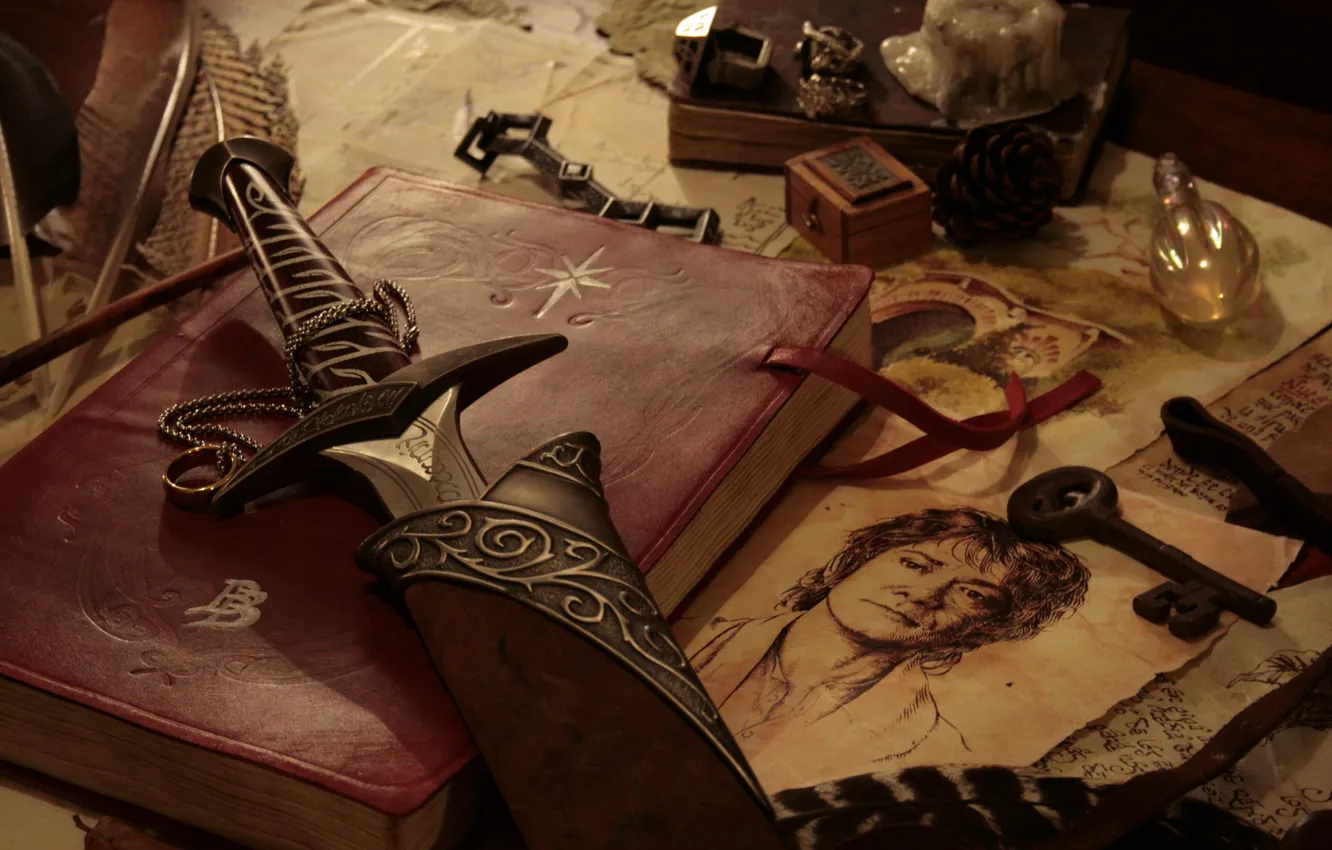 Photo wallpaper weapons, table, figure, sword, key, book, The hobbit
