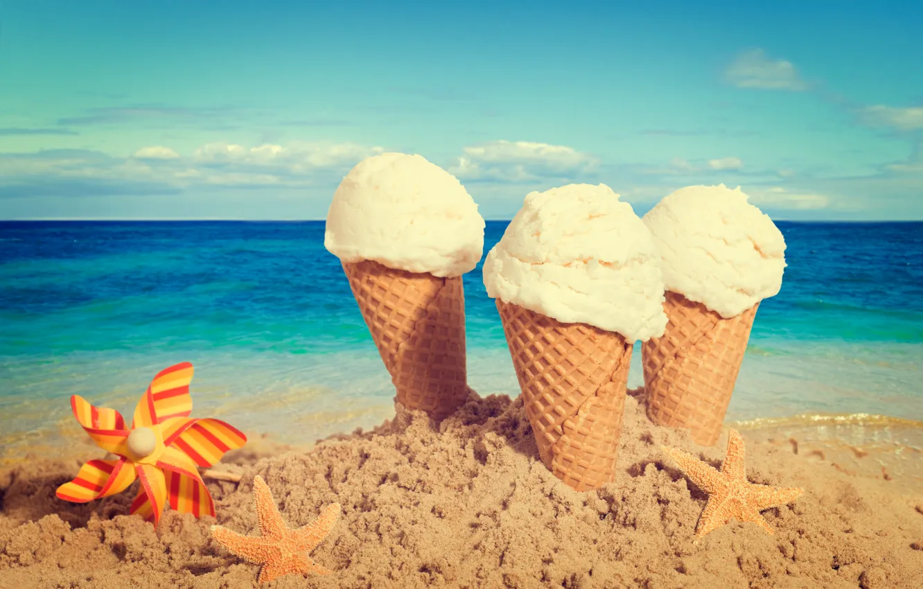 Photo wallpaper sand, beach, ice cream, summer, beach, horn, sea, sand