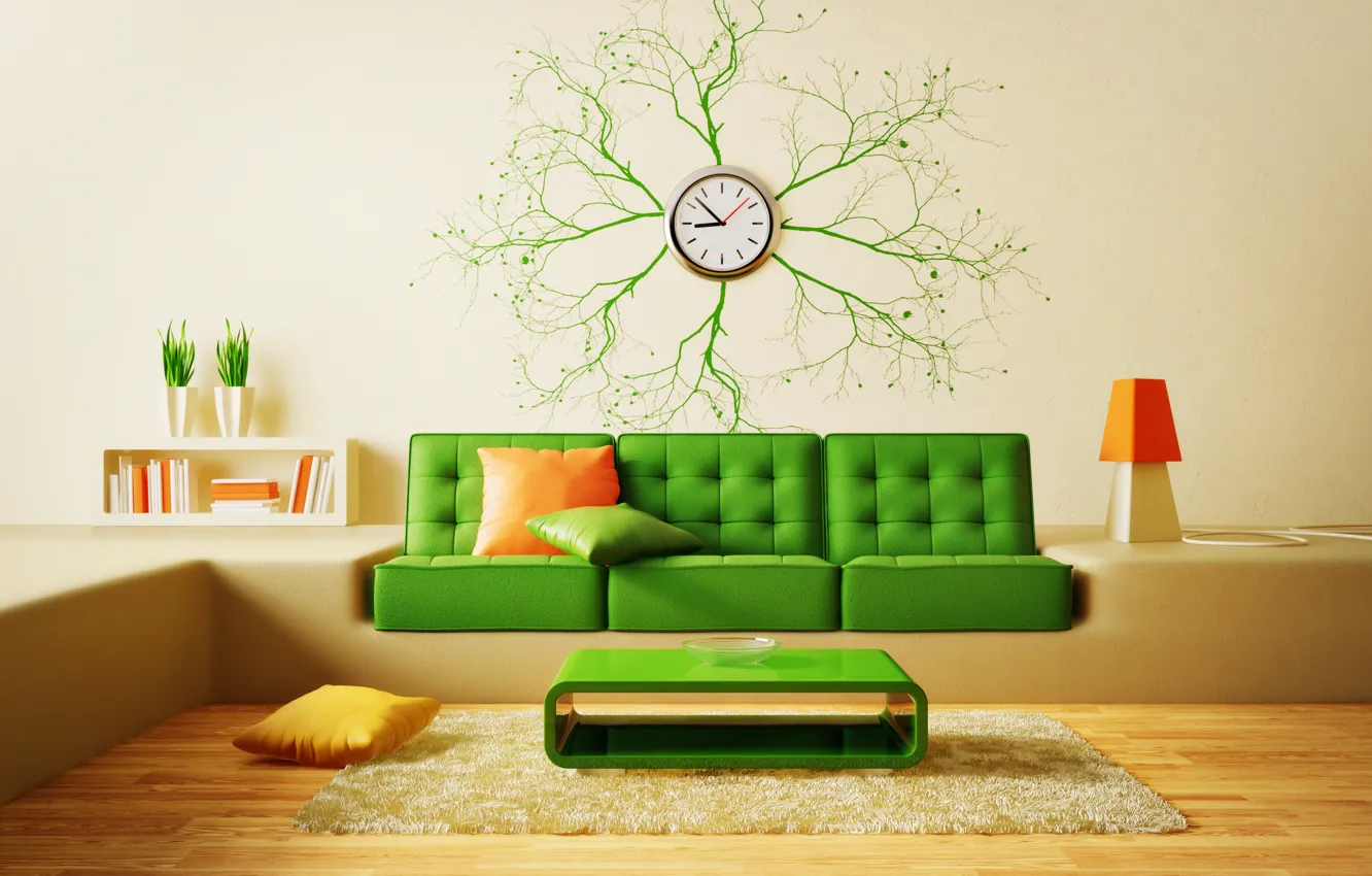 Photo wallpaper design, sofa, carpet, watch, interior, pillow, table, modern
