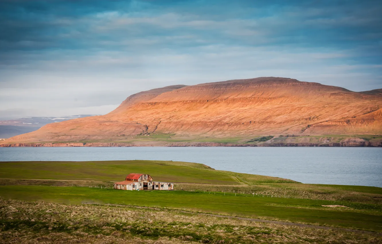 Photo wallpaper clouds, mountains, house, Bay, Iceland