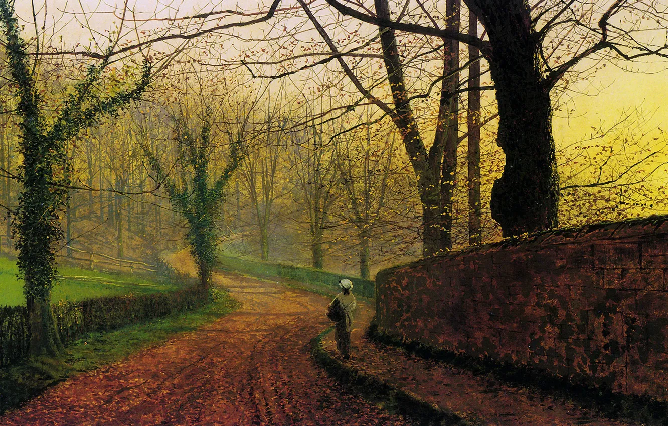 Photo wallpaper road, trees, landscape, the fence, picture, alley, John Atkinson Grimshaw, John Atkinson Grimshaw