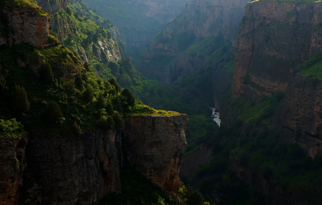 Photo wallpaper rock, forest, river, landscape, jungle, evening, waterfall, valley