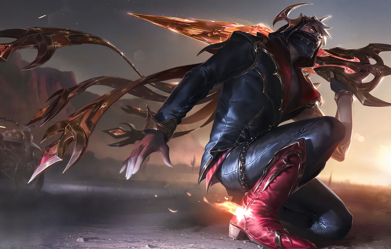 Photo wallpaper sunset, mountains, the game, costume, game, characters, League of Legends, lol