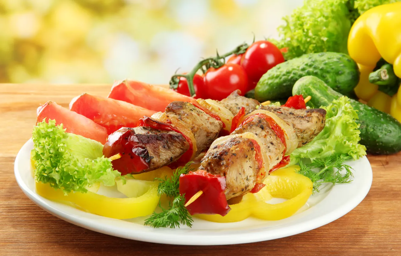 Photo wallpaper greens, meat, pepper, vegetables, tomatoes, kebab, meat, pepper